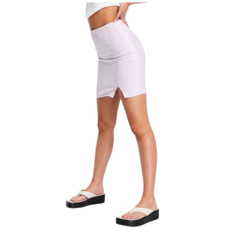 Asos Design Mini Skirt In Linen Look With Notch Hem In Lilac Gingham Size 12